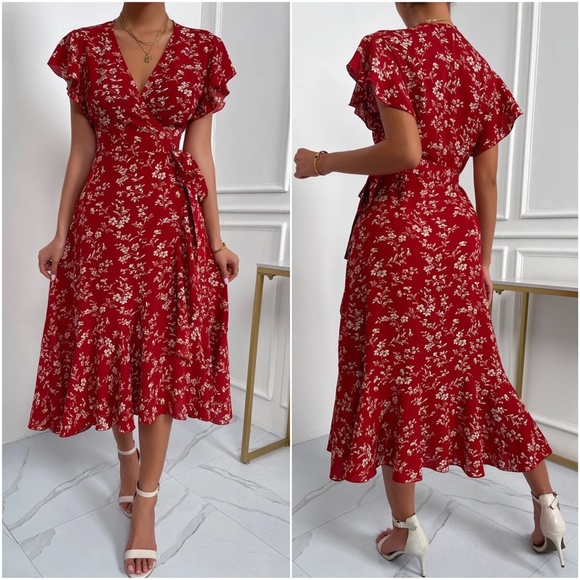 022 Boho Red Floral print Butterfly Sleeve Dress - Picture 3 of 3